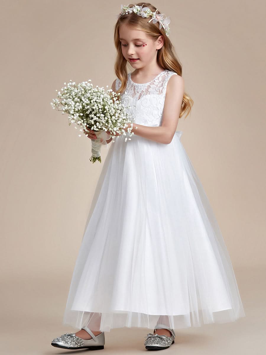 Blumenmädchenkleid Prinzessin Bow Ärmellos Spitze Tüll CK60042