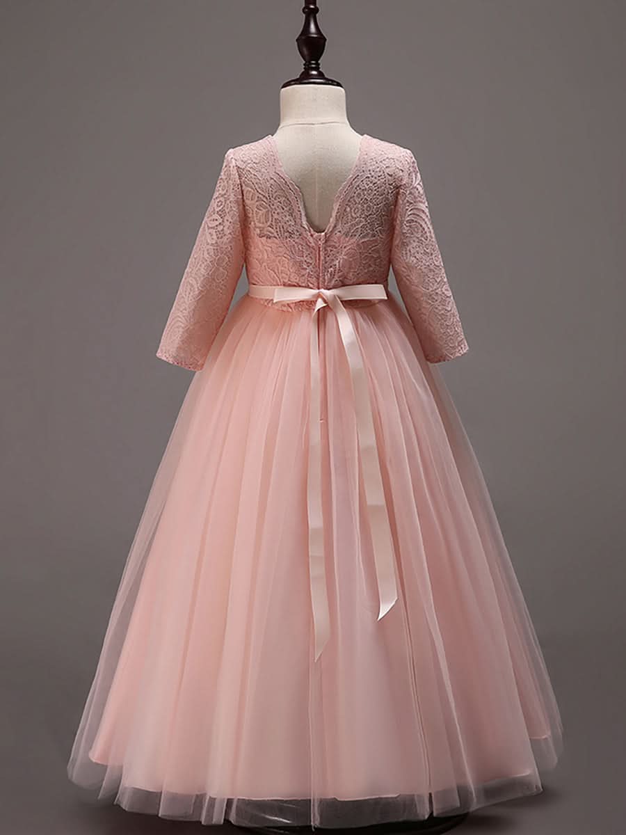 Bezauberndes Blumenmädchenkleid aus Spitze mit Schleife und langen Ärmeln CK60043
