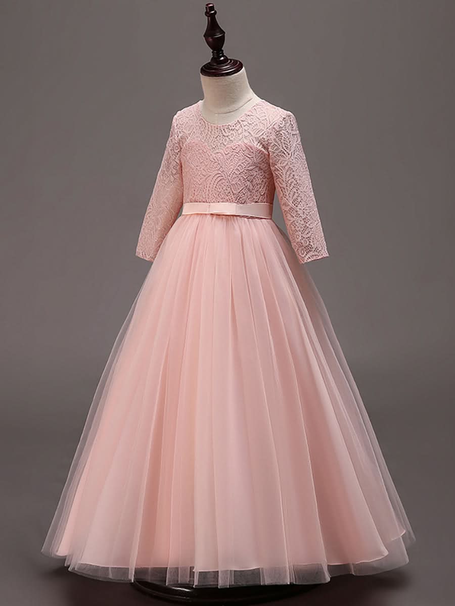 Bezauberndes Blumenmädchenkleid aus Spitze mit Schleife und langen Ärmeln CK60043