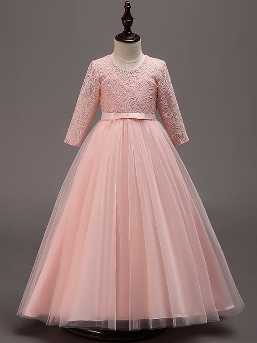 Bezauberndes Blumenmädchenkleid aus Spitze mit Schleife und langen Ärmeln CK60043