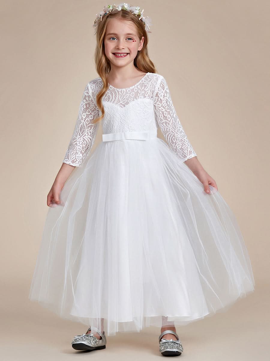 Bezauberndes Blumenmädchenkleid aus Spitze mit Schleife und langen Ärmeln CK60043
