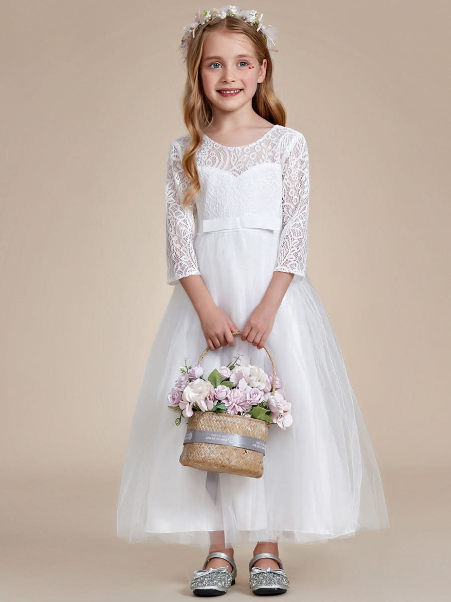 Bezauberndes Blumenmädchenkleid aus Spitze mit Schleife und langen Ärmeln CK60043