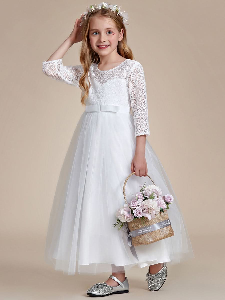 Bezauberndes Blumenmädchenkleid aus Spitze mit Schleife und langen Ärmeln CK60043