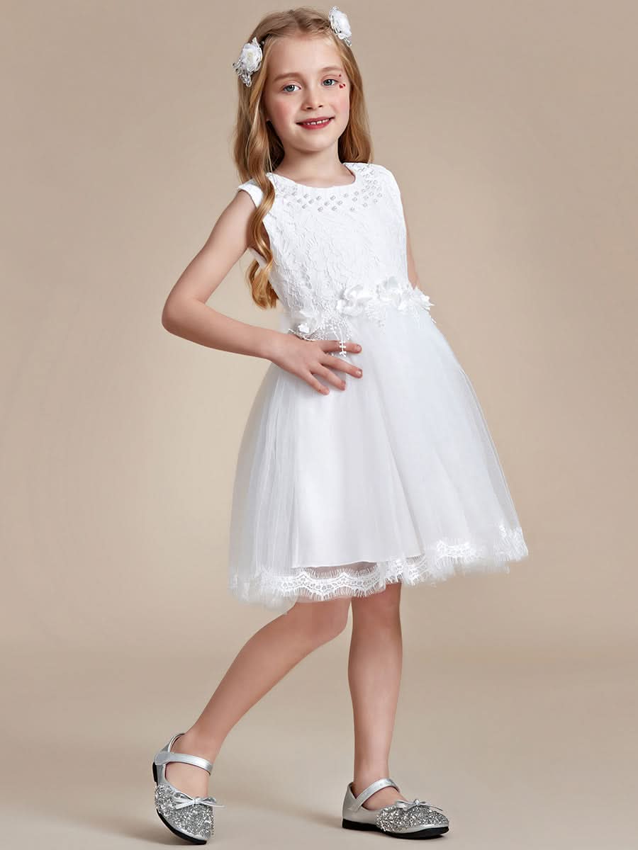 Weißes Spitzen-Tüll-Blumenmädchenkleid mit Schleife am Rücken CK60045