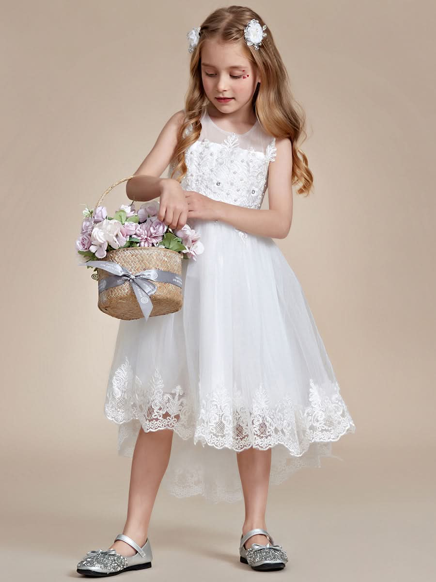 Stilvolles Ärmellos Blumenmädchenkleid in A-Linie mit Spitze CK60046
