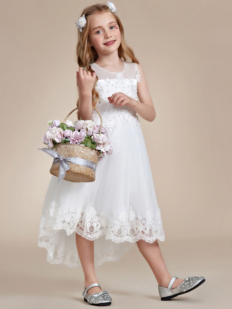 Stilvolles Ärmellos Blumenmädchenkleid in A-Linie mit Spitze CK60046