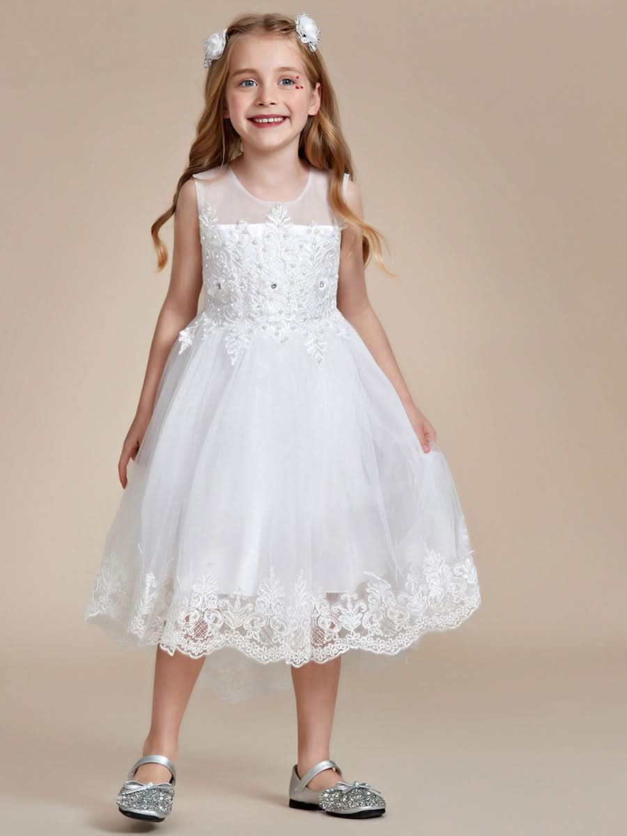 Stilvolles Ärmellos Blumenmädchenkleid in A-Linie mit Spitze CK60046