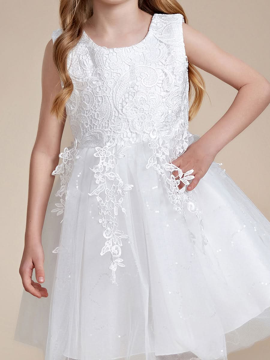 Elegantes Ärmelloses besticktes Blumenmädchenkleid in A-Linie mit Schleife CK60047