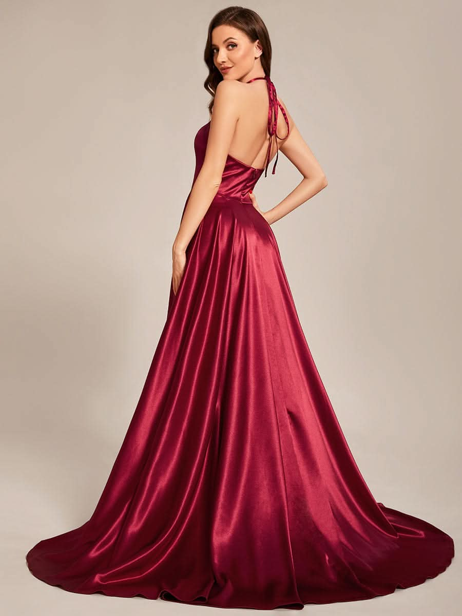 Größe Nach Maß Neckholder High Front Slit Bodenlanges Ballkleid #Farbe_Burgundy