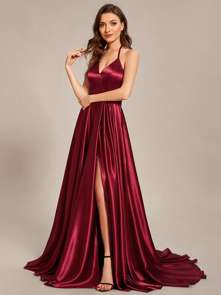 Größe Nach Maß Neckholder High Front Slit Bodenlanges Ballkleid CS01657