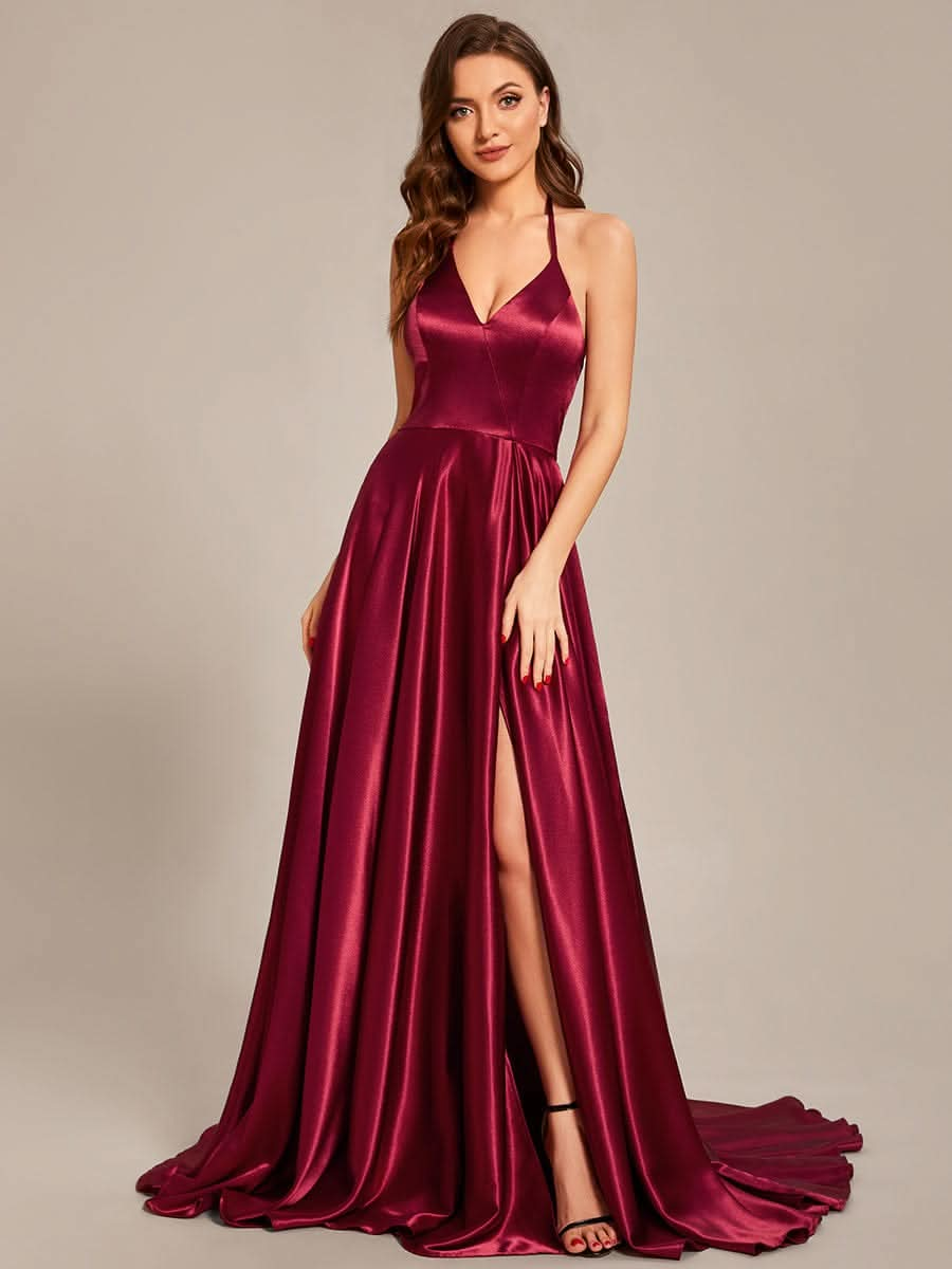 Größe Nach Maß Neckholder High Front Slit Bodenlanges Ballkleid #Farbe_Burgundy