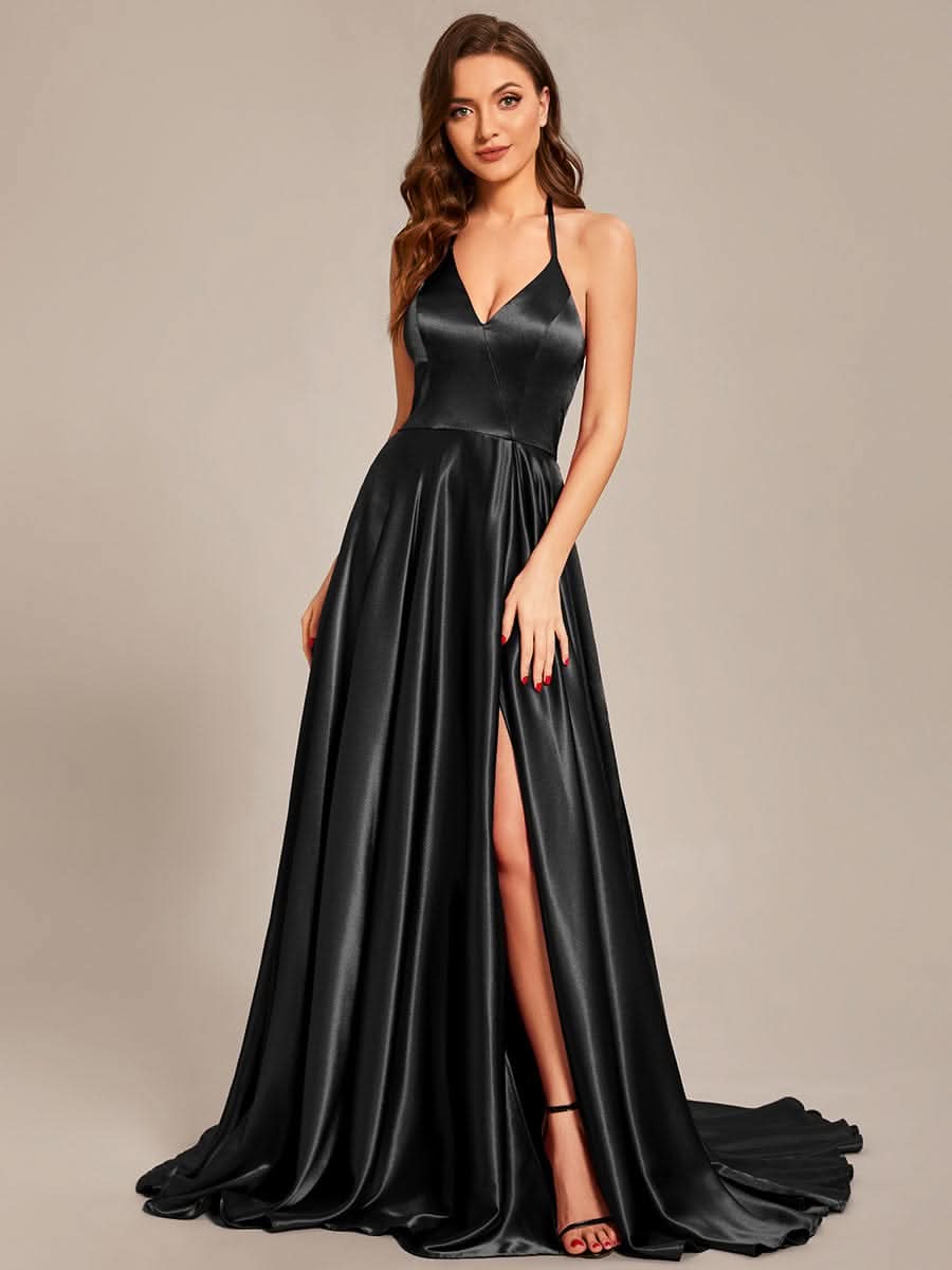 Größe Nach Maß Neckholder High Front Slit Bodenlanges Ballkleid CS01657