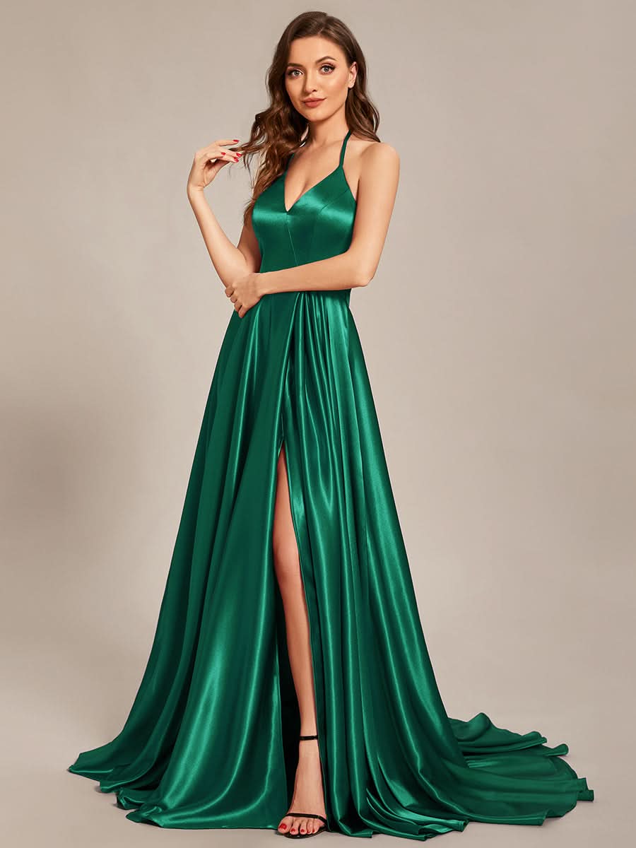 Größe Nach Maß Neckholder High Front Slit Bodenlanges Ballkleid CS01657