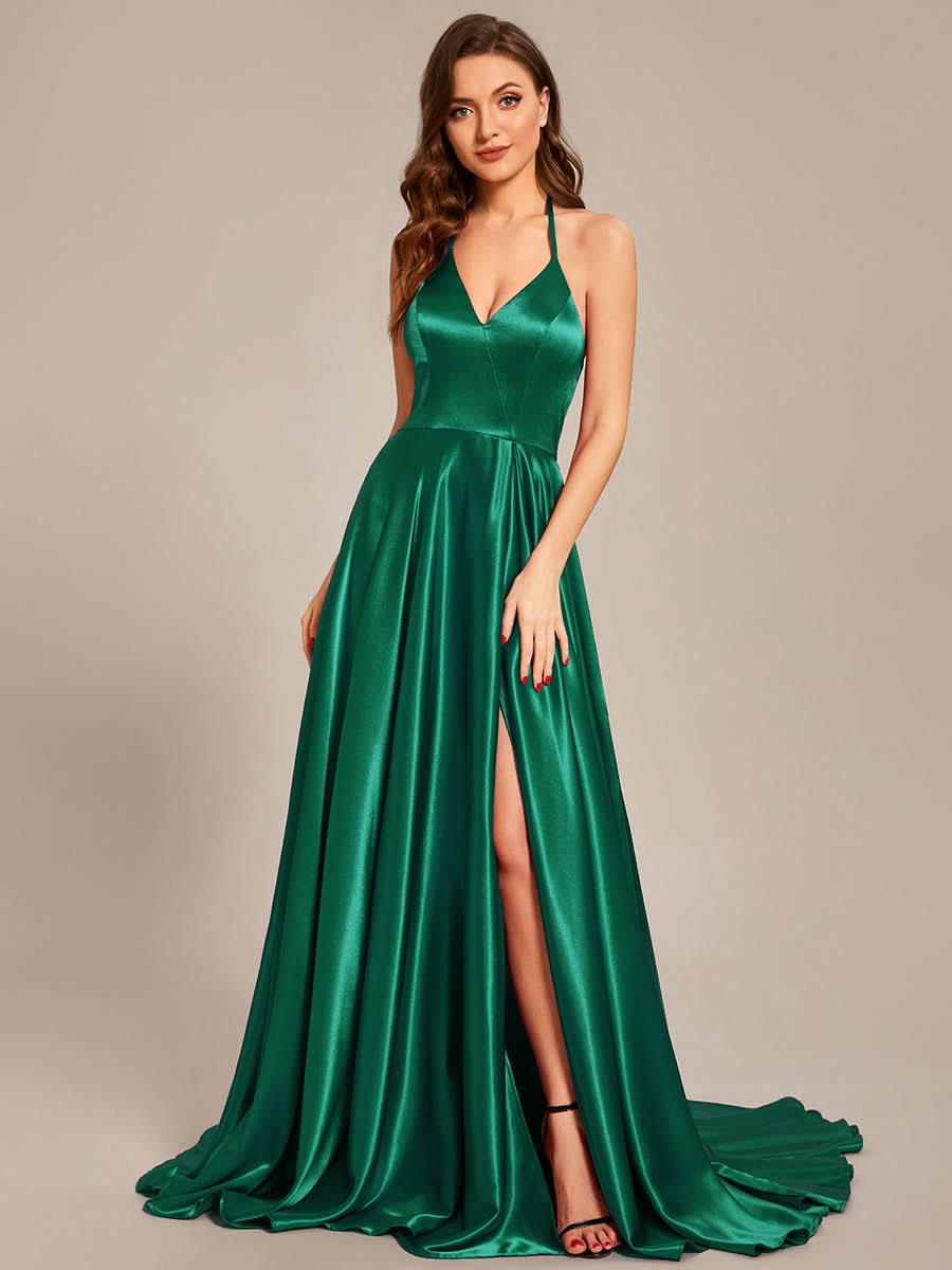 Größe Nach Maß Neckholder High Front Slit Bodenlanges Ballkleid CS01657