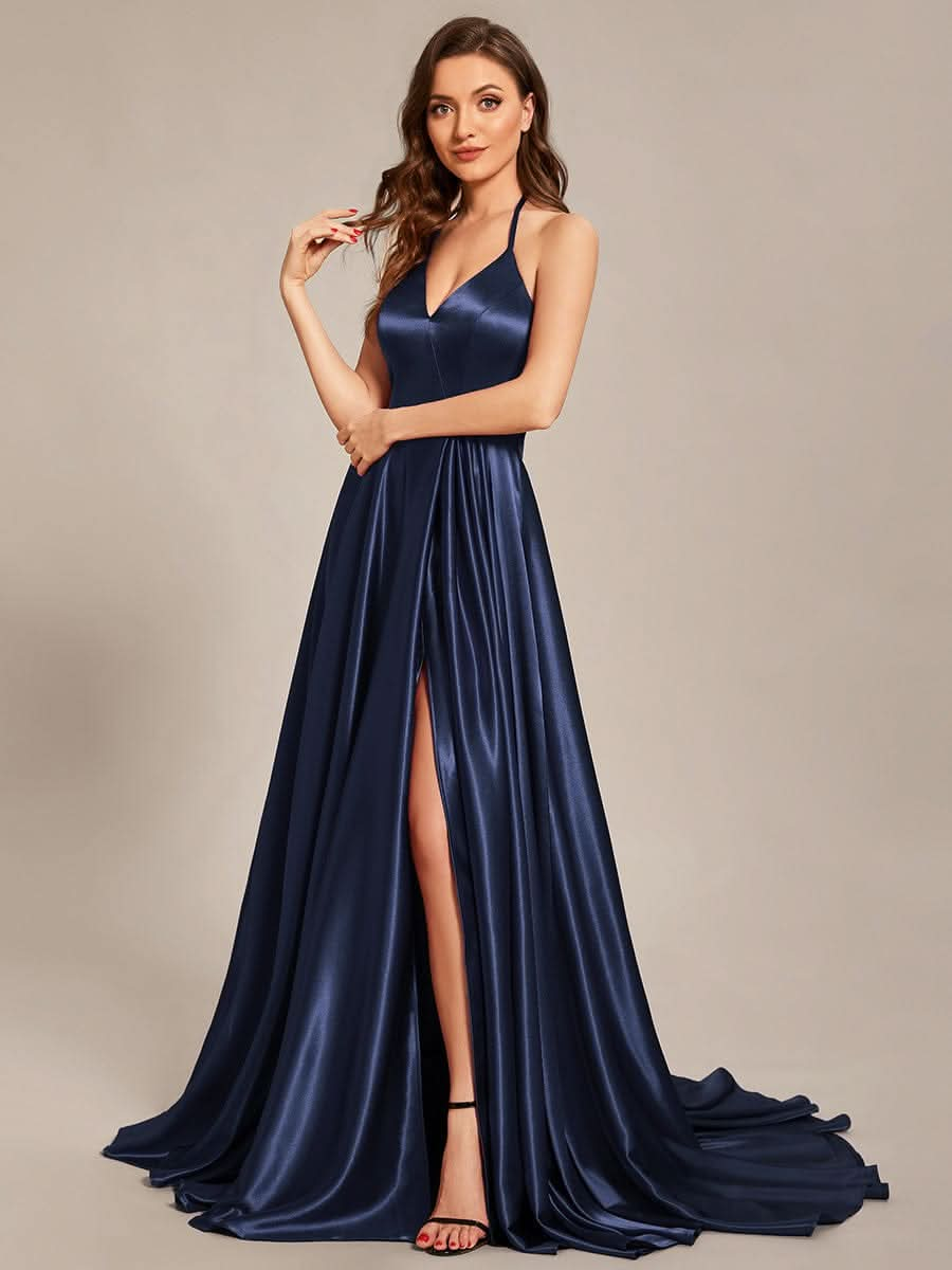 Größe Nach Maß Neckholder High Front Slit Bodenlanges Ballkleid #Farbe_Navy Blau