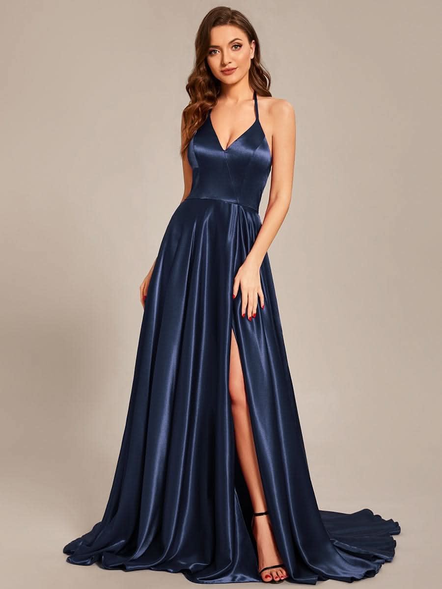Größe Nach Maß Neckholder High Front Slit Bodenlanges Ballkleid CS01657