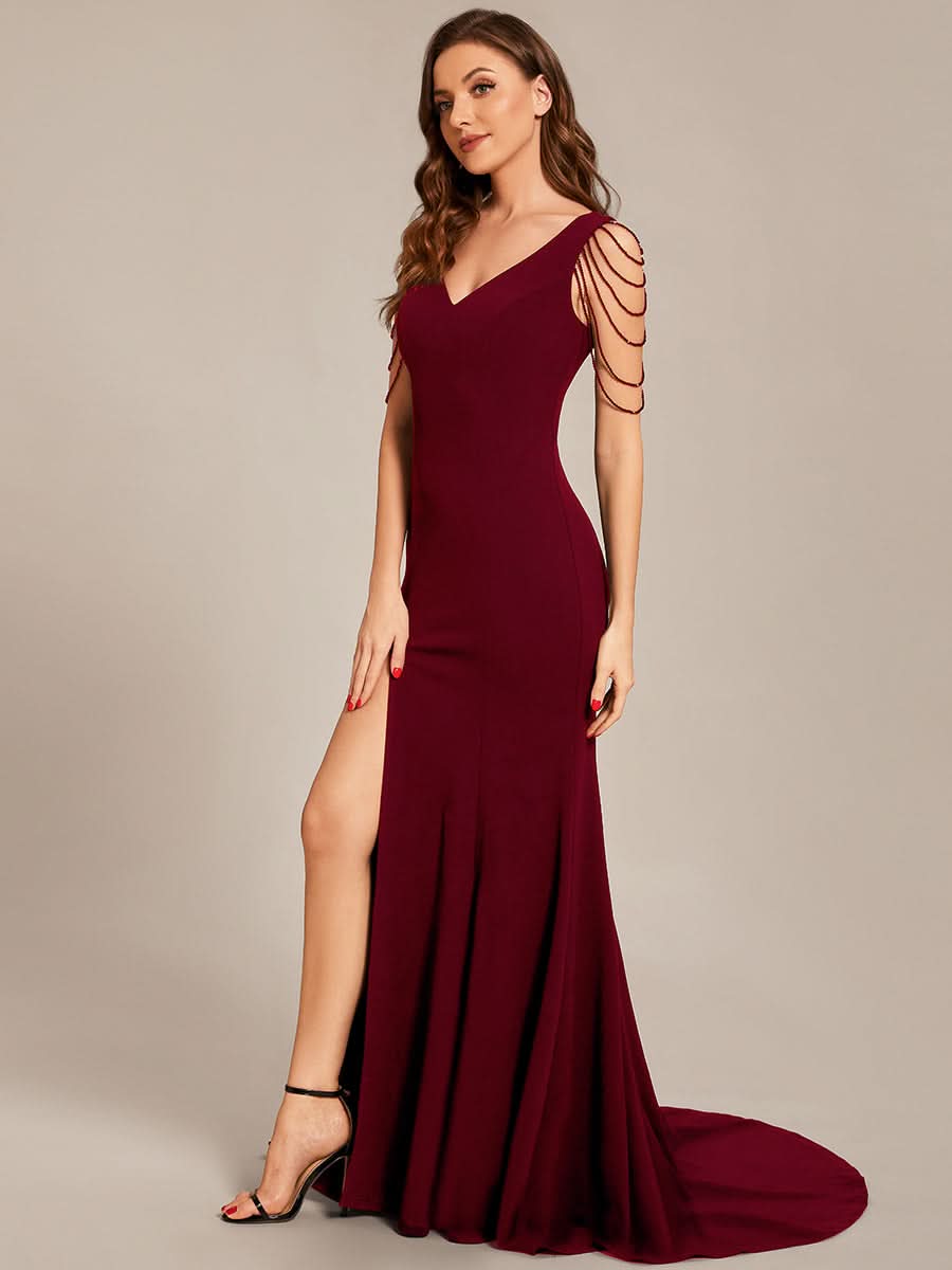 Größe Nach Maß V-Ausschnitt figurbetontes Ballkleid mit hohem Schlitz vorn CS01670