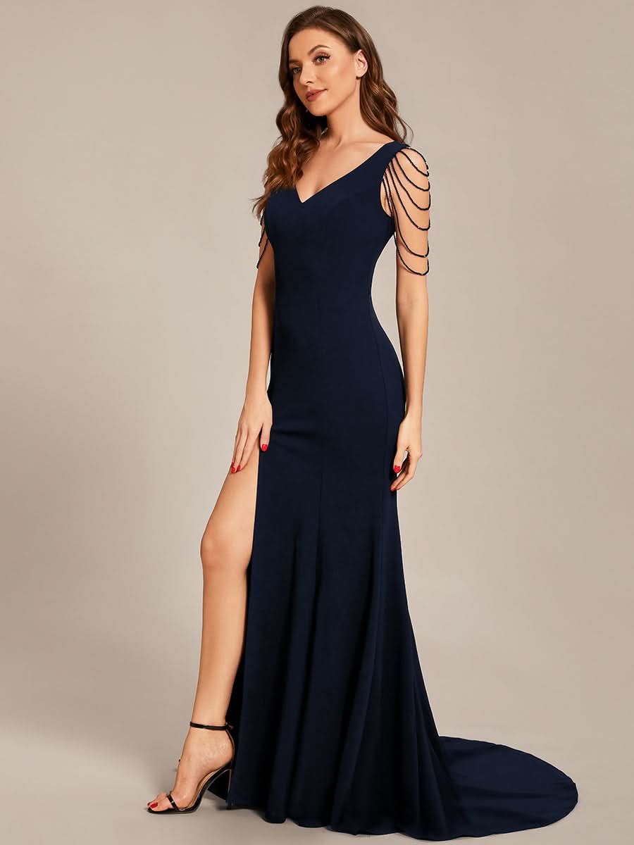 Größe Nach Maß V-Ausschnitt figurbetontes Ballkleid mit hohem Schlitz vorn CS01670