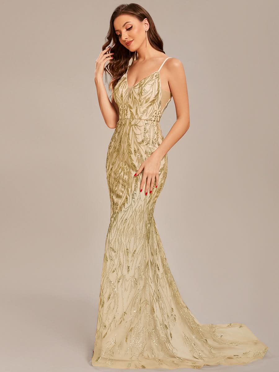 Größe Nach Maß Pailletten elegantes Spaghetti Träger langes Meerjungfrau Abschlussballkleid CS01671