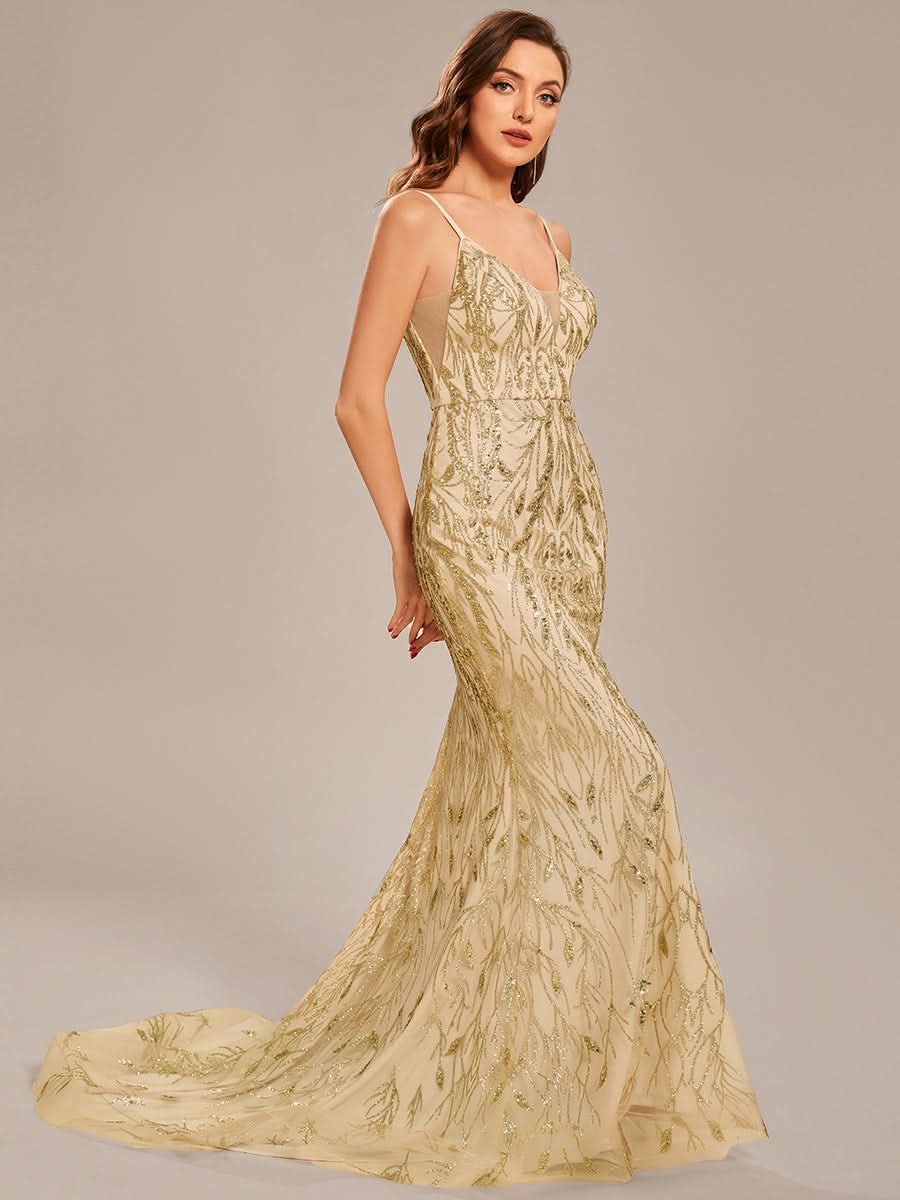 Größe Nach Maß Pailletten elegantes Spaghetti Träger langes Meerjungfrau Abschlussballkleid CS01671