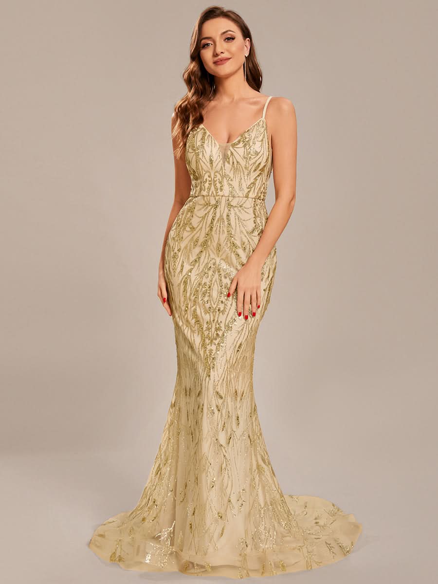 Größe Nach Maß Pailletten elegantes Spaghetti Träger langes Meerjungfrau Abschlussballkleid CS01671