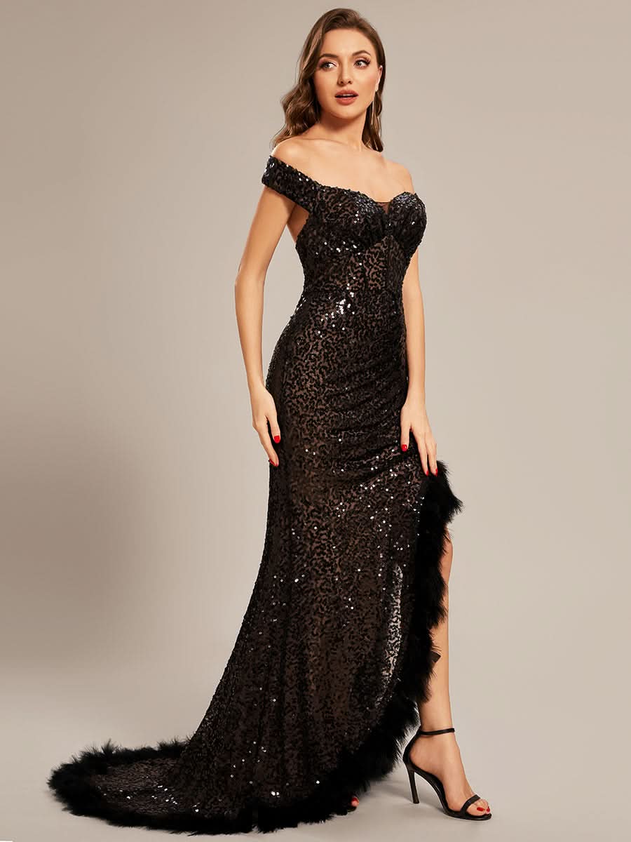 Größe Nach Maß Sexy schulterfreies Pailletten hoch Schlitz Abschlussballkleid CS01677