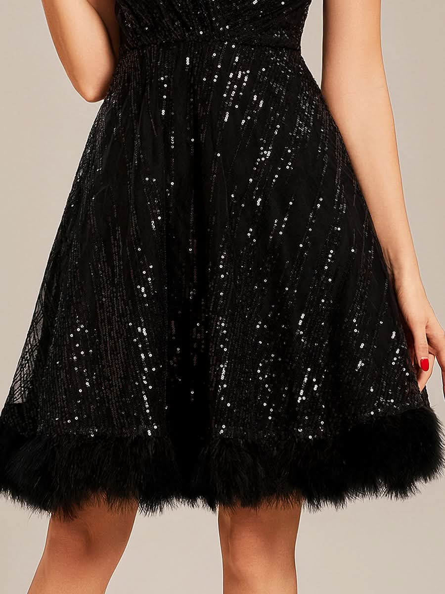 Größe Nach Maß V-Ausschnitt Pailletten Feder kurzes Ballkleid CS01686