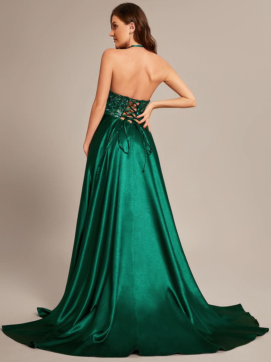 Größe Nach Maß Langes Ballkleid mit V-Ausschnitt und Glitzer-Pailletten CS01695