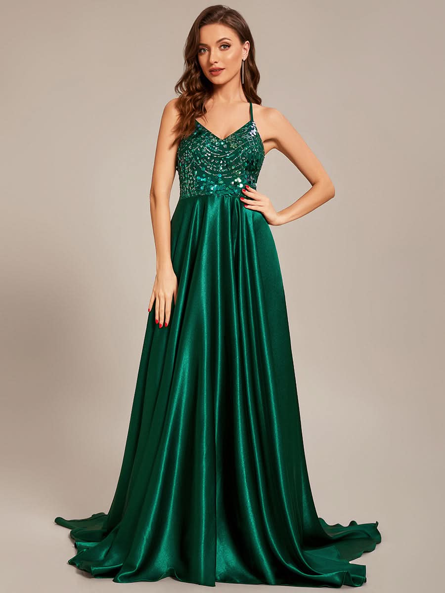 Größe Nach Maß Langes Ballkleid mit V-Ausschnitt und Glitzer-Pailletten CS01695