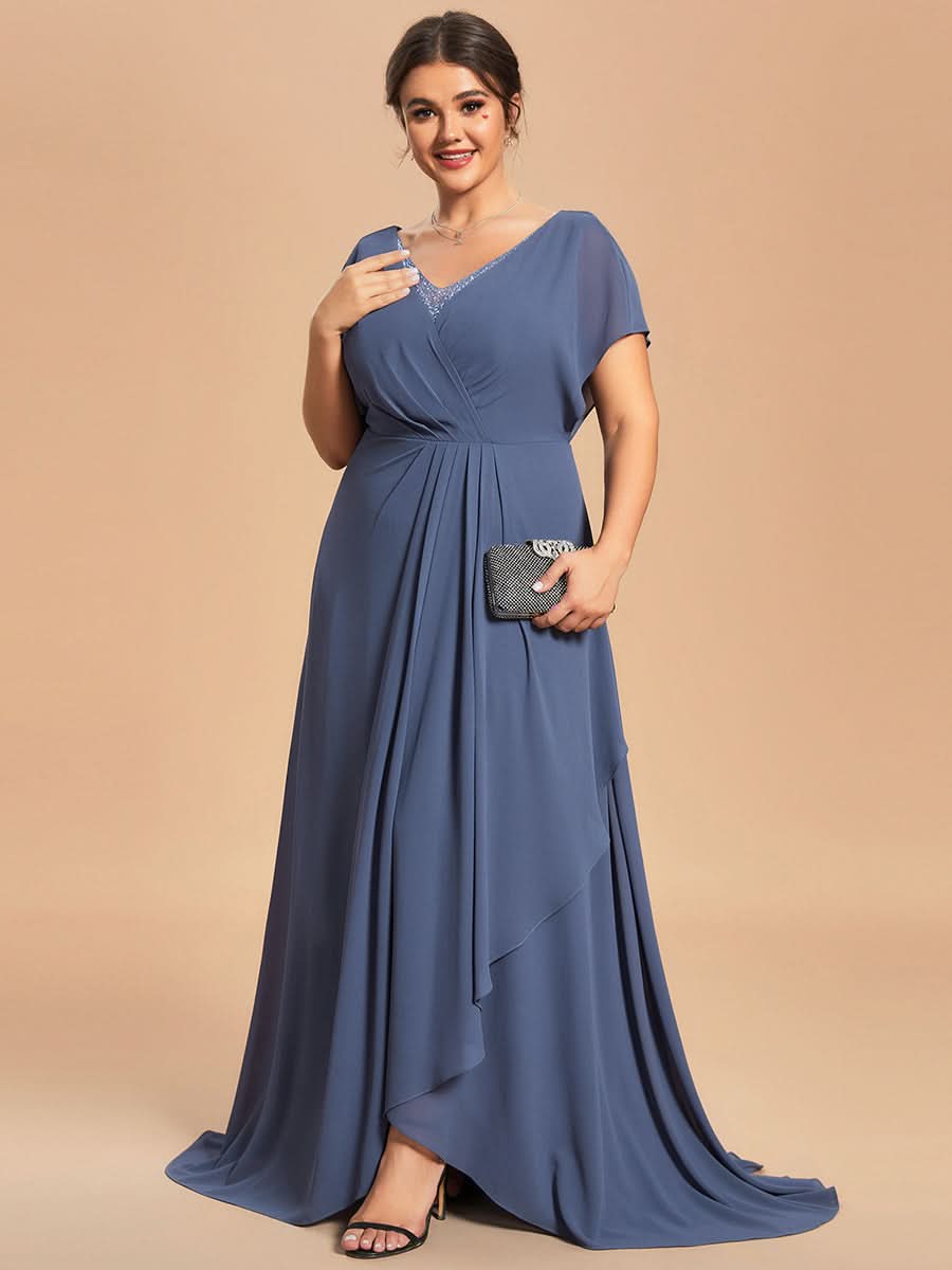 Größe Nach Maß Elegantes kurzärmliges Chiffon-Mutterkleid mit V-Ausschnitt für die Hochzeit CS01796