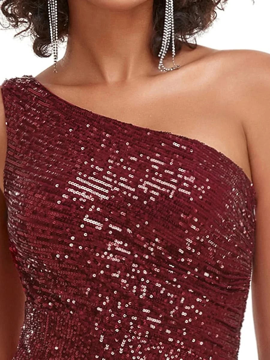 Größe Nach Maß Paillettenlanges Abendkleid mit einer Schulter und Split 00116