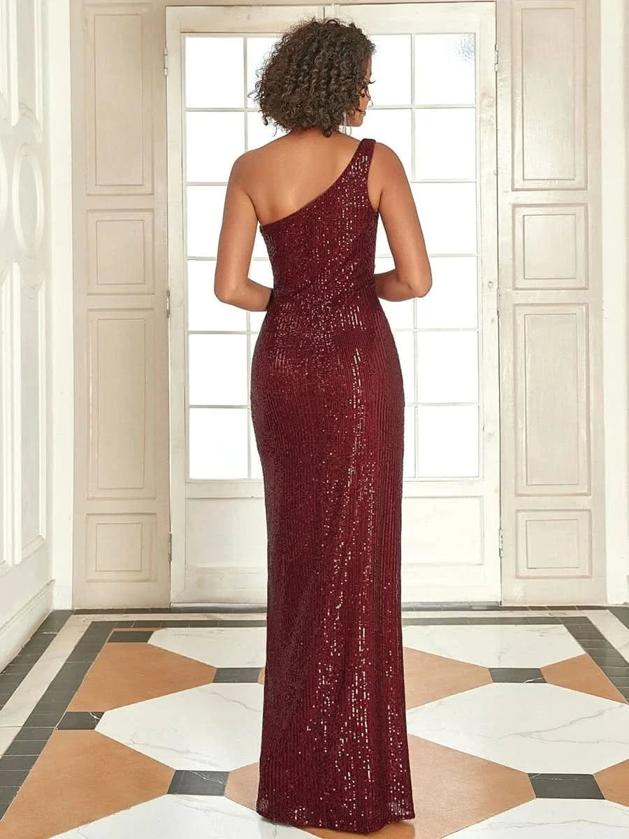 Größe Nach Maß Paillettenlanges Abendkleid mit einer Schulter und Split 00116
