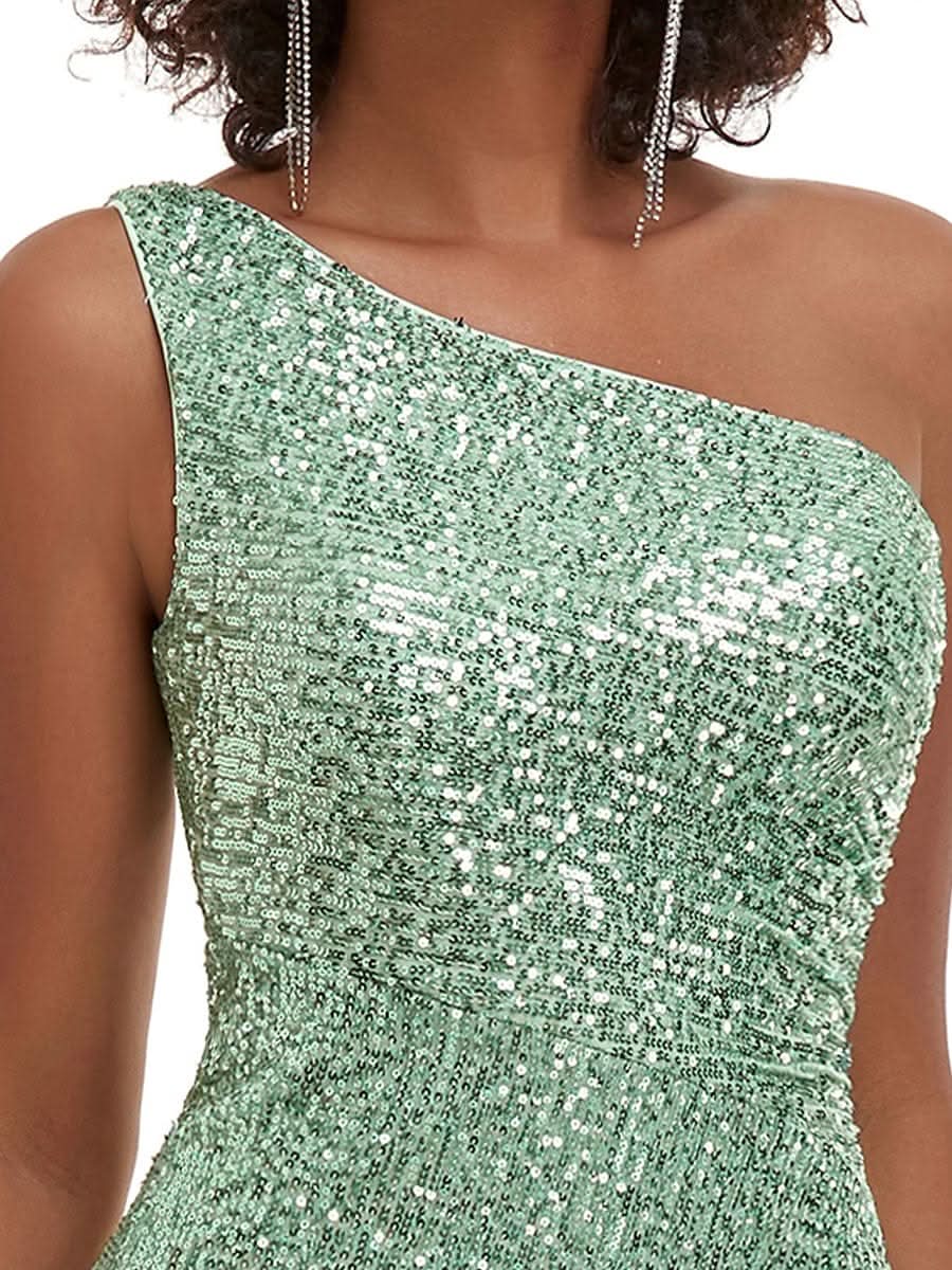 Größe Nach Maß Paillettenlanges Abendkleid mit einer Schulter und Split 00116