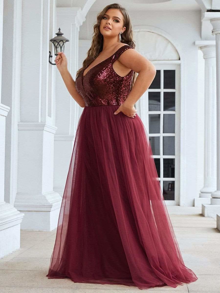 Größe Nach Maß Atemberaubendes ärmelloses Abendkleid mit hohem Bund aus Tüll und Pailletten 00277