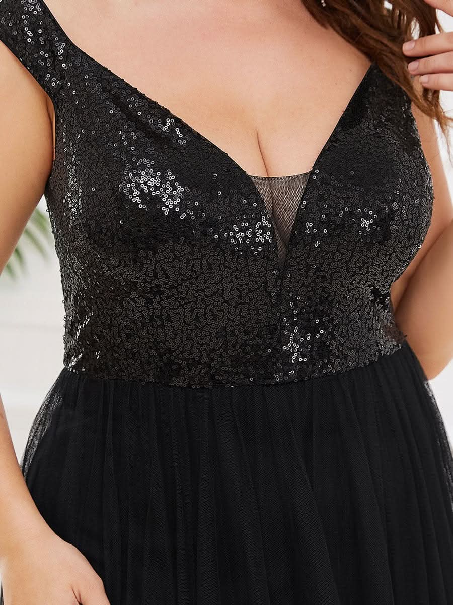 Größe Nach Maß Atemberaubendes ärmelloses Abendkleid mit hohem Bund aus Tüll und Pailletten 00277