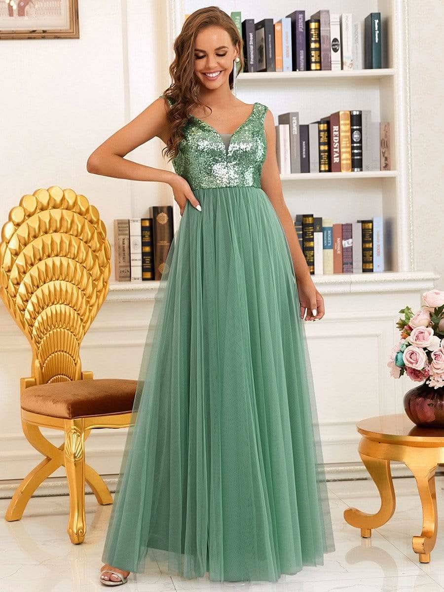 Größe Nach Maß Atemberaubendes ärmelloses Abendkleid mit hohem Bund aus Tüll und Pailletten 00277