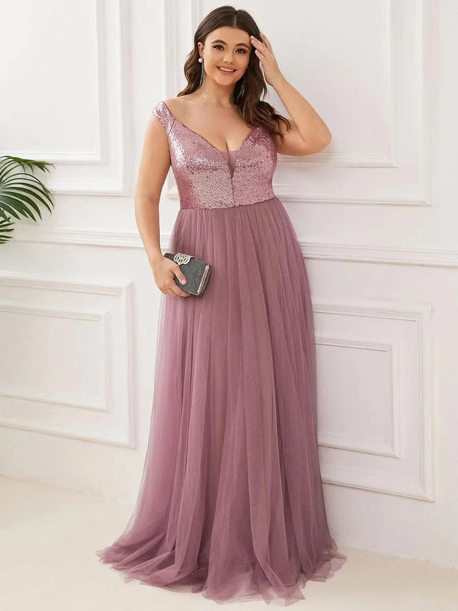 Größe Nach Maß Atemberaubendes ärmelloses Abendkleid mit hohem Bund aus Tüll und Pailletten 00277