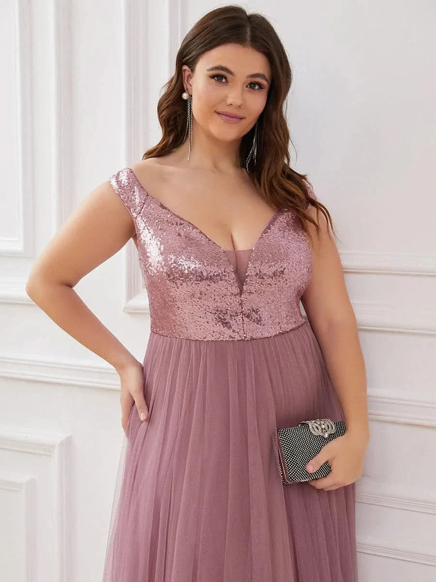 Größe Nach Maß Atemberaubendes ärmelloses Abendkleid mit hohem Bund aus Tüll und Pailletten 00277