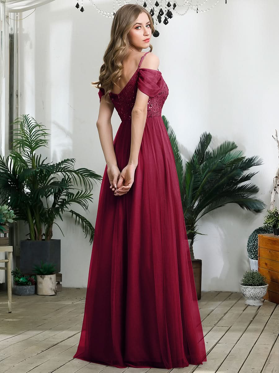 Größe Nach Maß Pailletten Mieder Kalte Schulter bodenlangen Tüll Brautjungfernkleid 00768