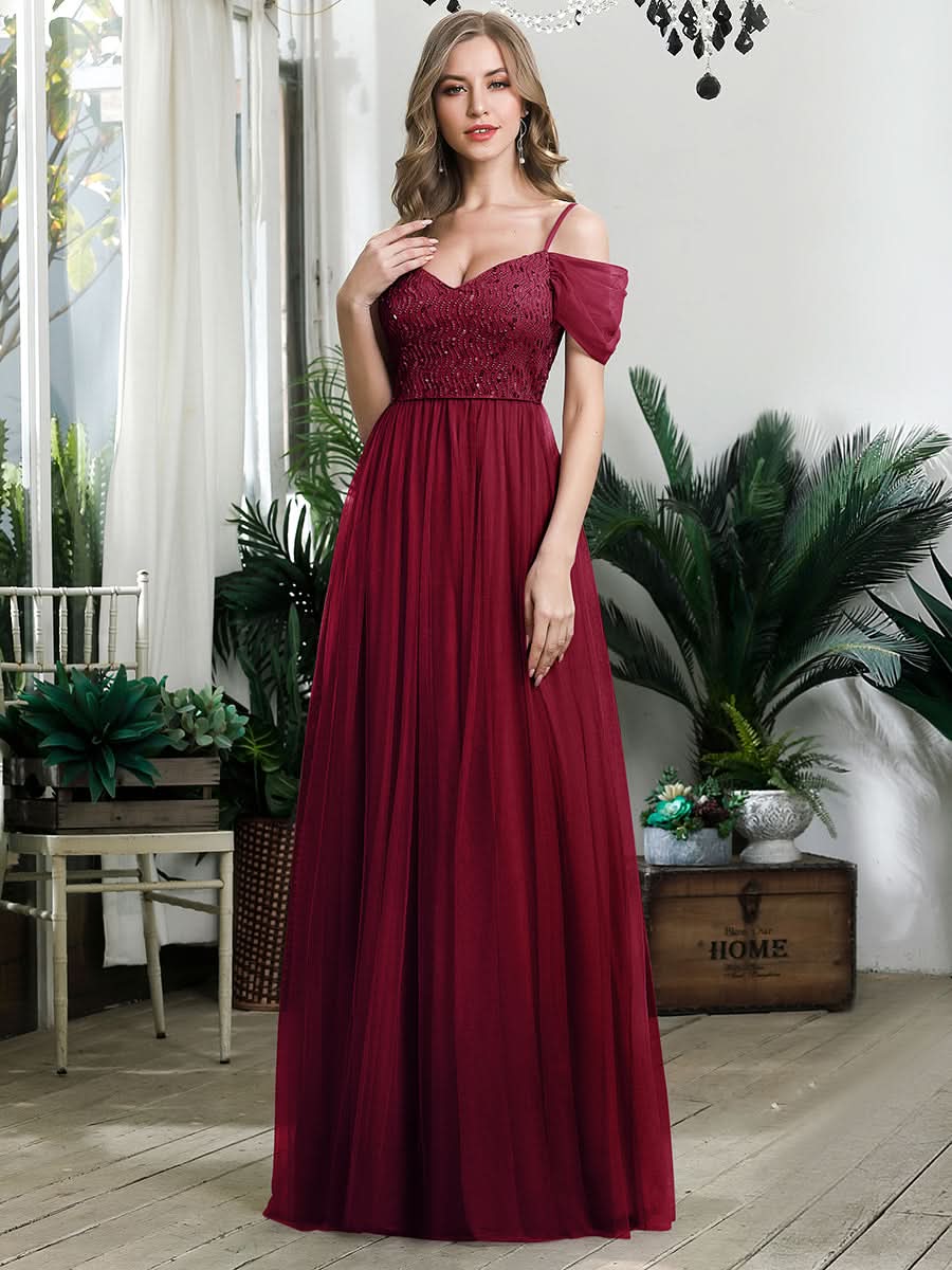 Größe Nach Maß Pailletten Mieder Kalte Schulter bodenlangen Tüll Brautjungfernkleid 00768