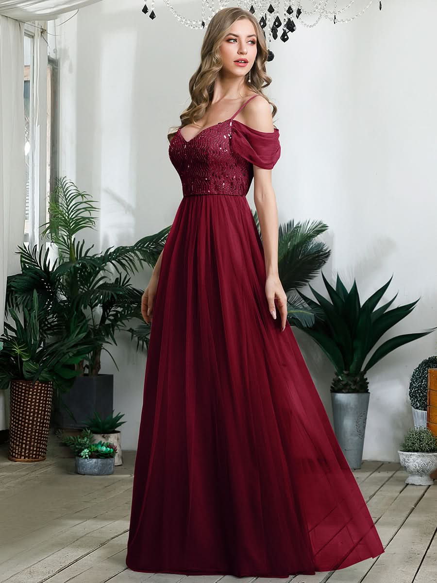 Größe Nach Maß Pailletten Mieder Kalte Schulter bodenlangen Tüll Brautjungfernkleid 00768