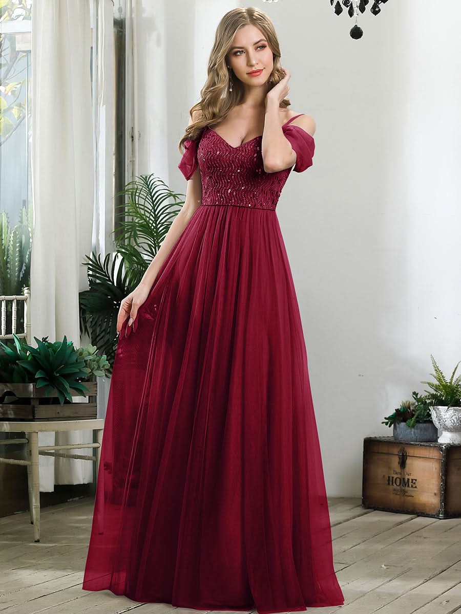 Größe Nach Maß Pailletten Mieder Kalte Schulter bodenlangen Tüll Brautjungfernkleid 00768