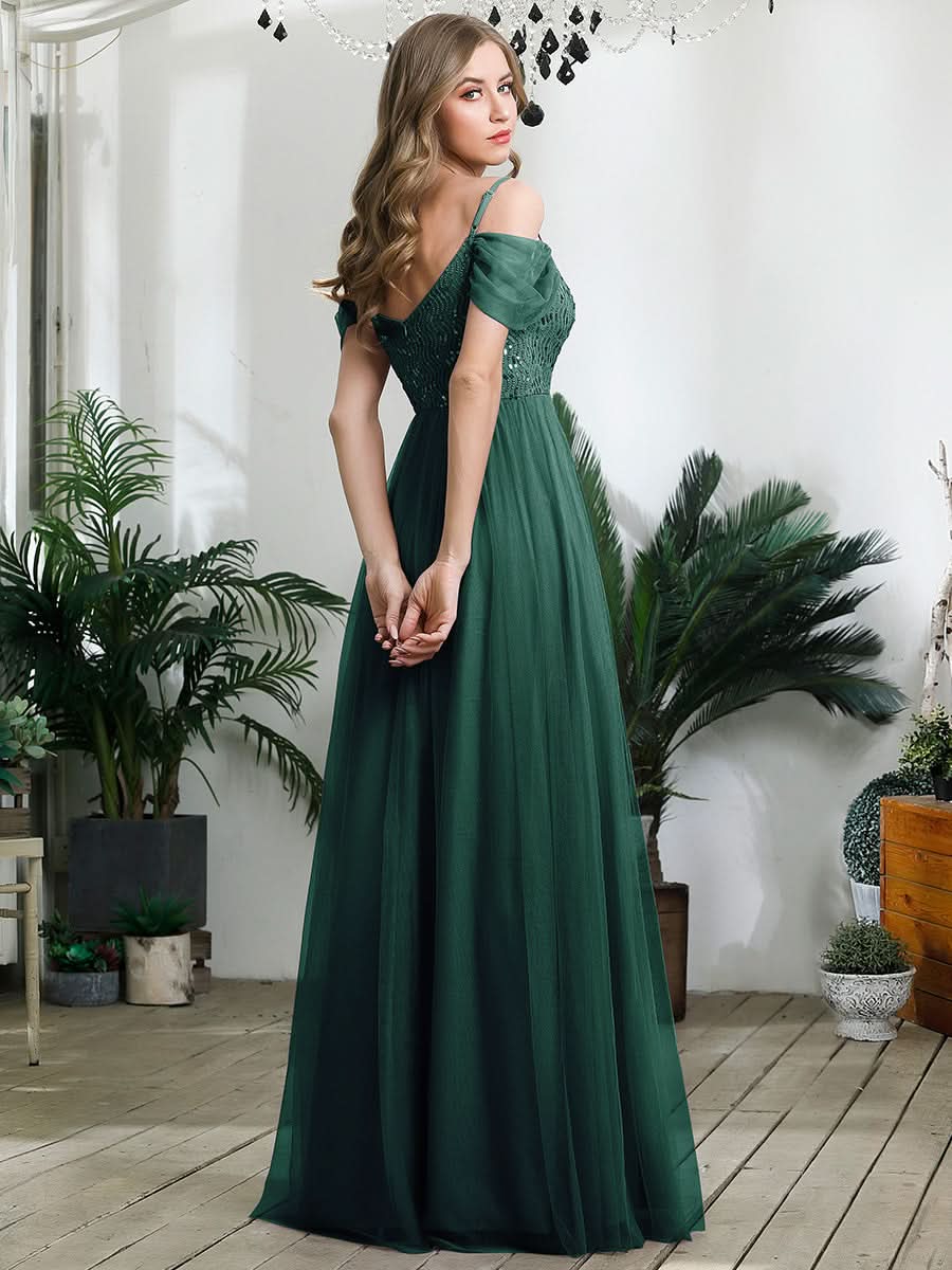 Größe Nach Maß Pailletten Mieder Kalte Schulter bodenlangen Tüll Brautjungfernkleid 00768