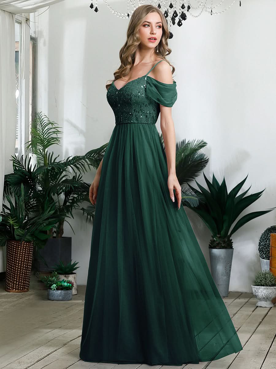 Größe Nach Maß Pailletten Mieder Kalte Schulter bodenlangen Tüll Brautjungfernkleid 00768