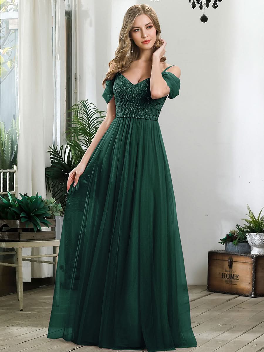 Größe Nach Maß Pailletten Mieder Kalte Schulter bodenlangen Tüll Brautjungfernkleid 00768