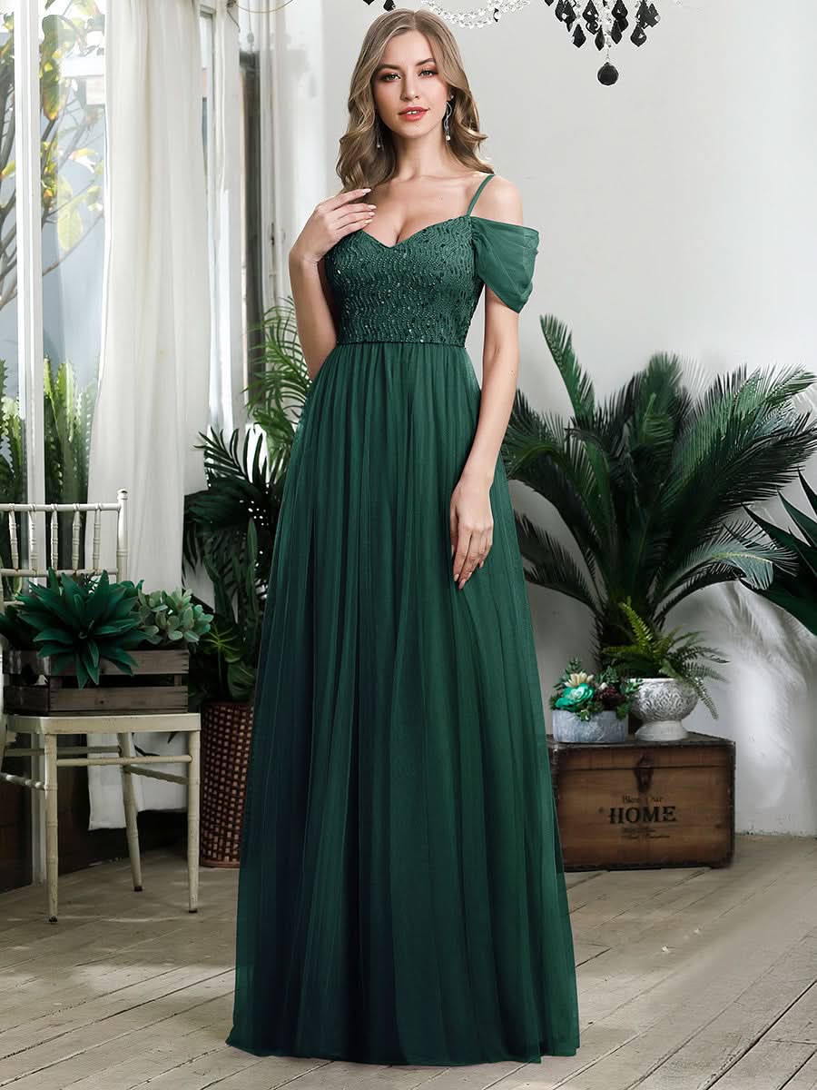 Größe Nach Maß Pailletten Mieder Kalte Schulter bodenlangen Tüll Brautjungfernkleid 00768