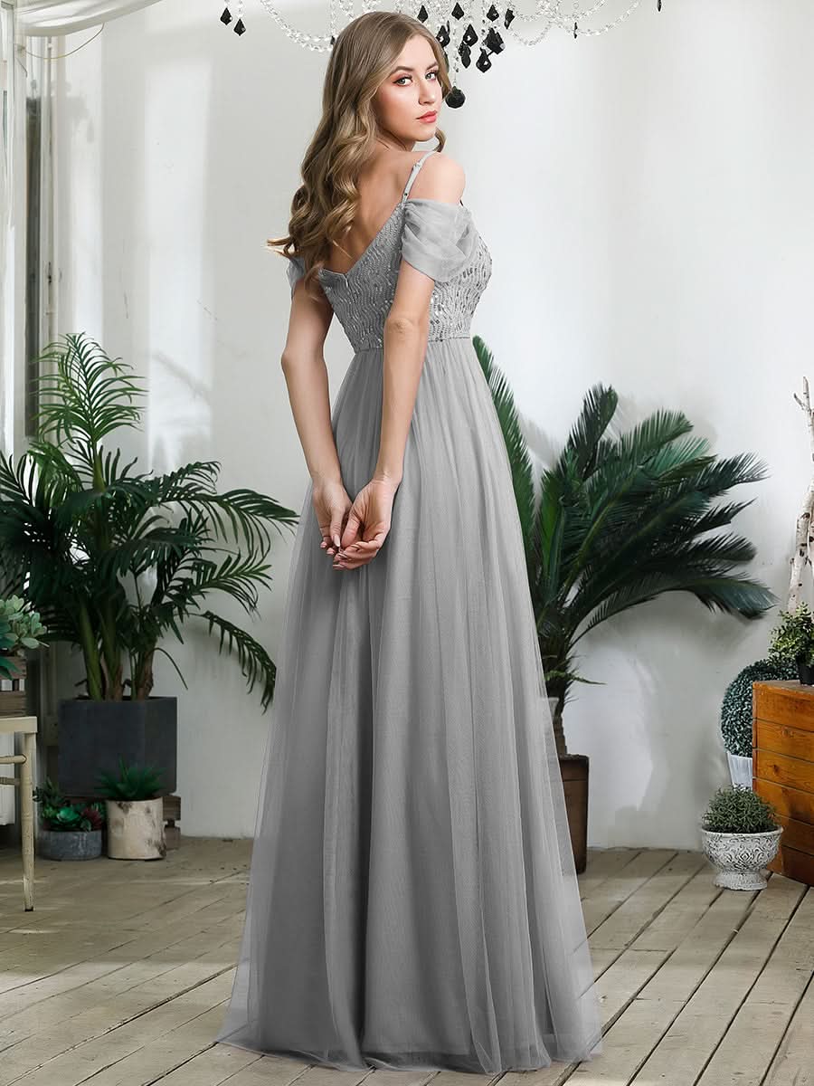 Größe Nach Maß Pailletten Mieder Kalte Schulter bodenlangen Tüll Brautjungfernkleid 00768
