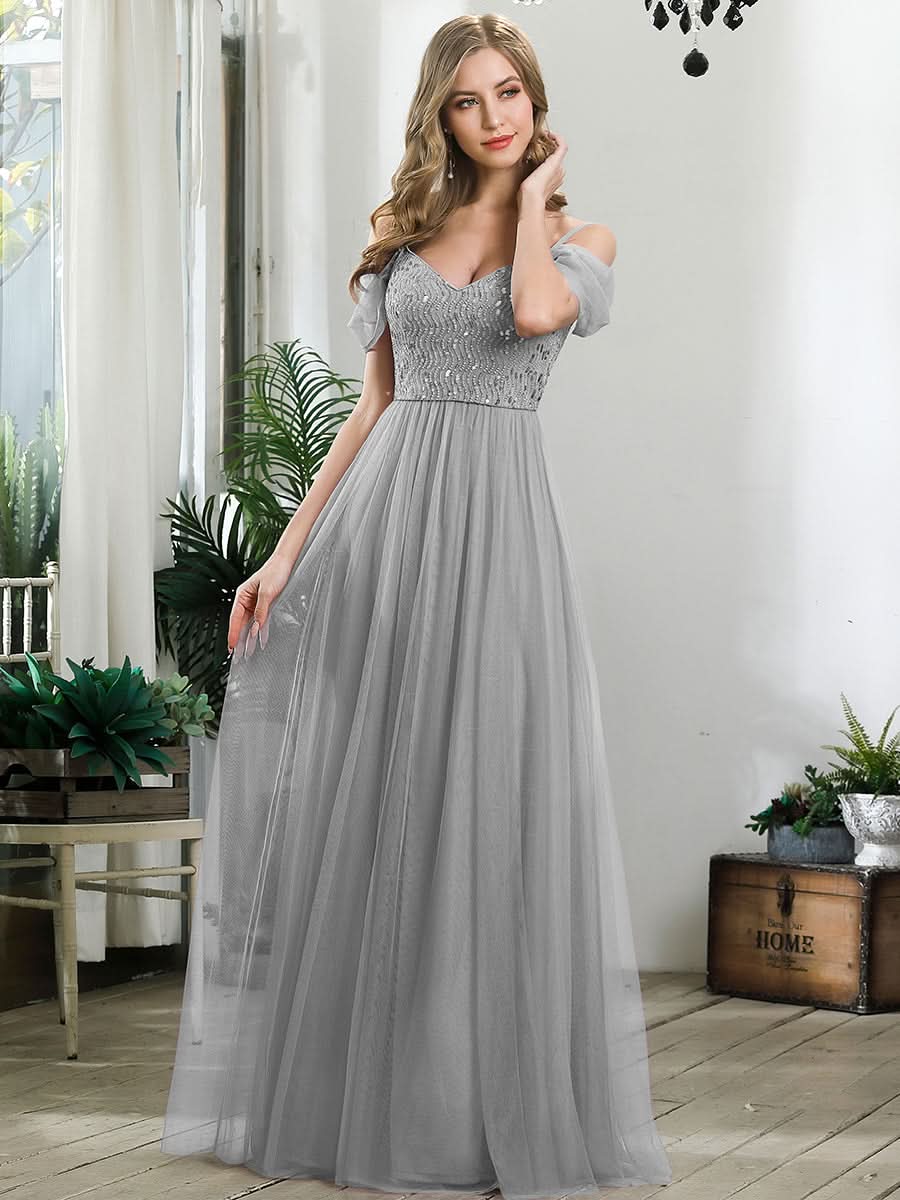 Größe Nach Maß Pailletten Mieder Kalte Schulter bodenlangen Tüll Brautjungfernkleid 00768