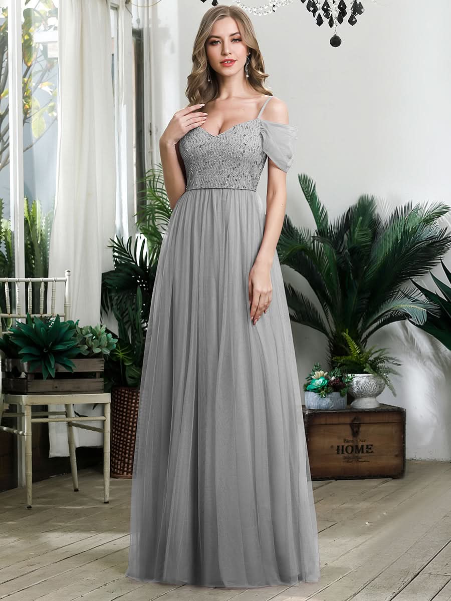 Größe Nach Maß Pailletten Mieder Kalte Schulter bodenlangen Tüll Brautjungfernkleid 00768