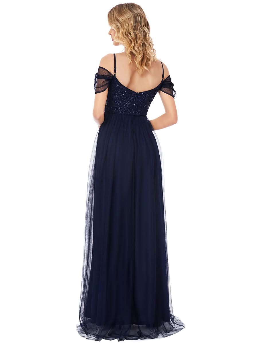 Größe Nach Maß Pailletten Mieder Kalte Schulter bodenlangen Tüll Brautjungfernkleid 00768